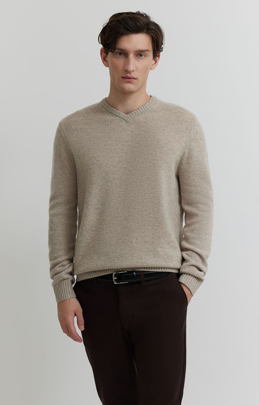 Melanżowy sweter v-neck z wełny - 3