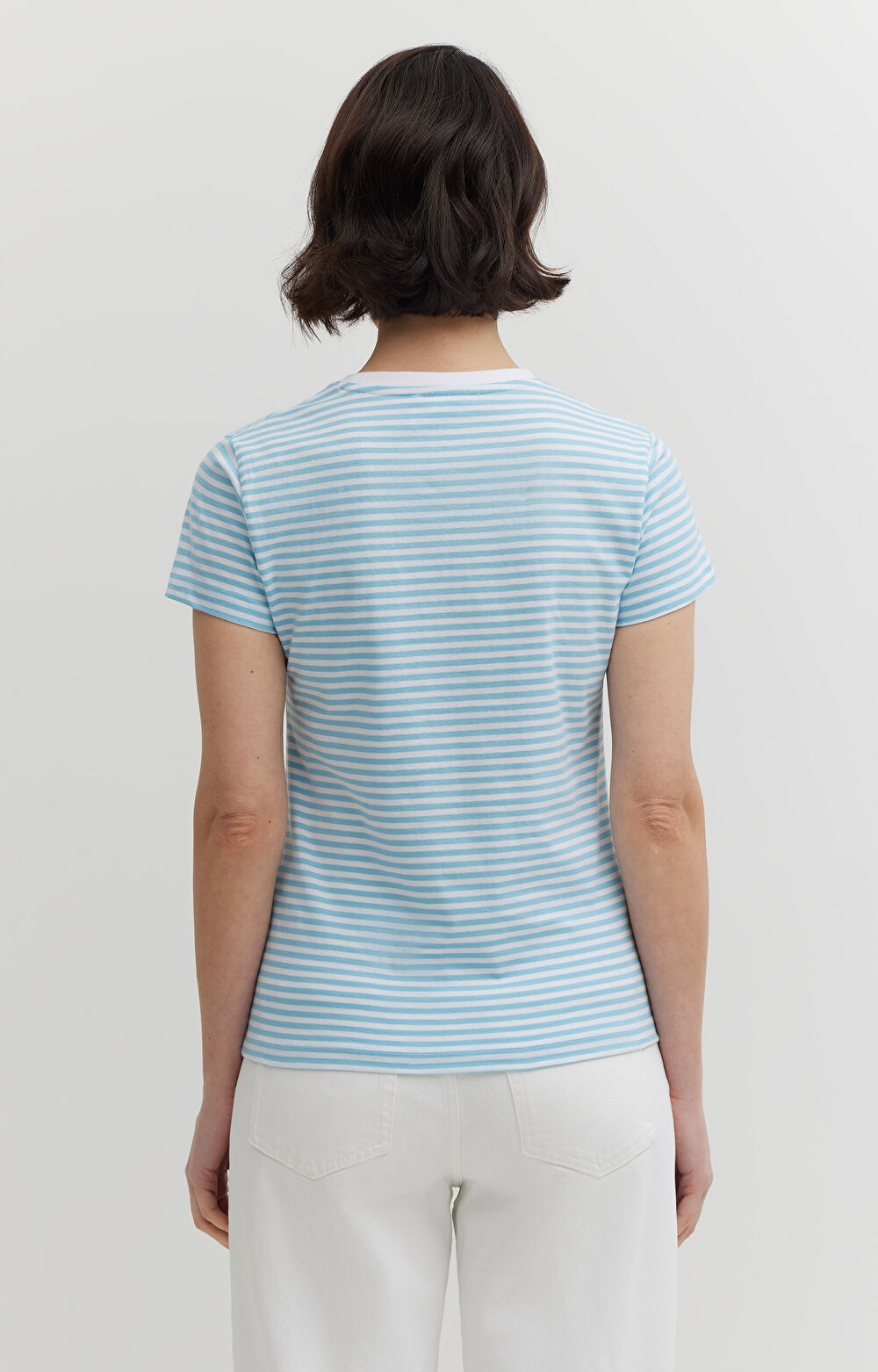 T-shirt w paski z merceryzowanej z haftem - 2