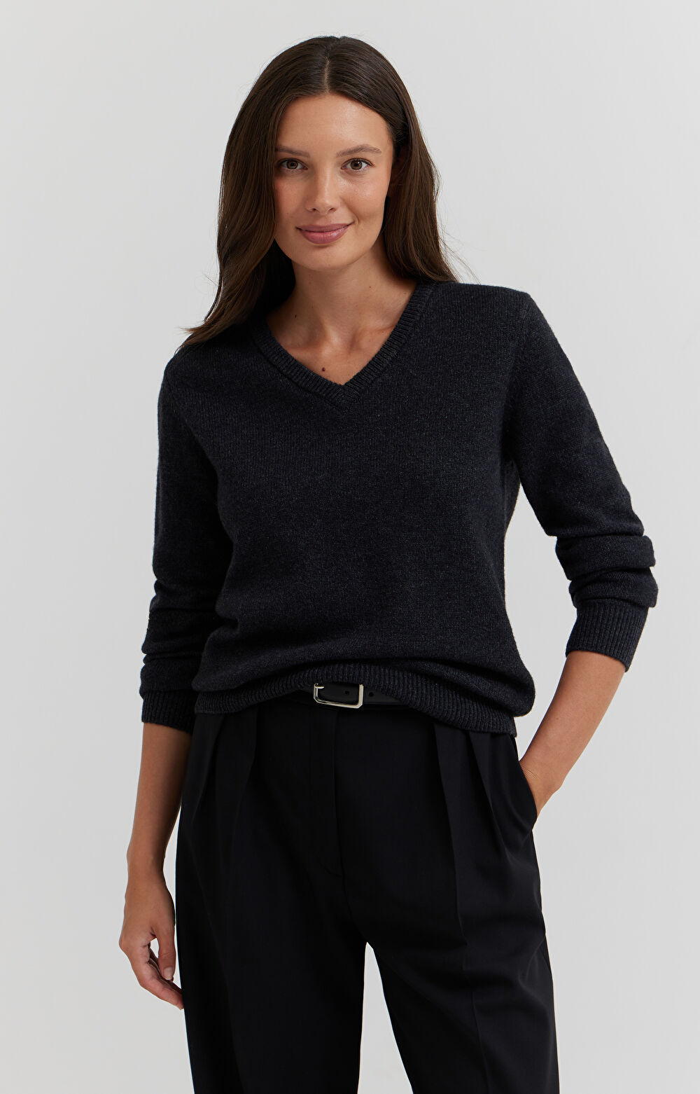 Melanżowy sweter v-neck z wełny - 6
