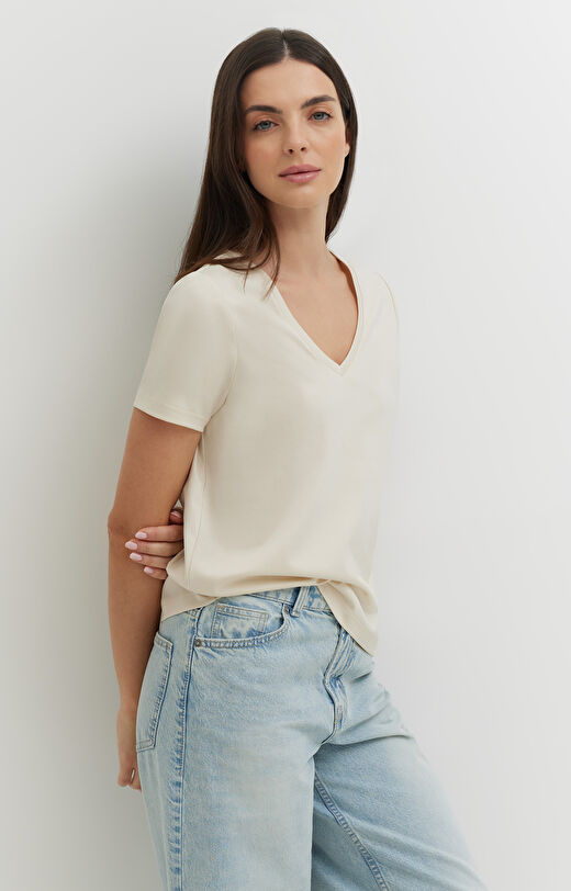 T-shirt v-neck z bawełny podwójnie merceryzowanej